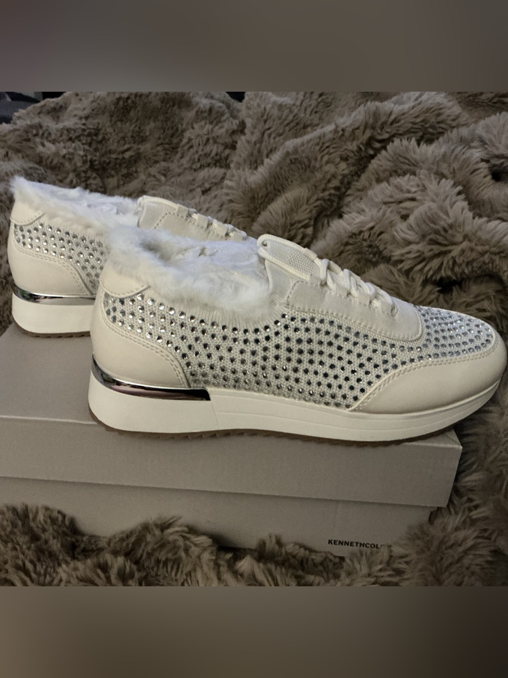 Kenneth Cole Reaction Cari Cozy Rhinestone Fur Sneakers NIB Sz 7 MSRP $150